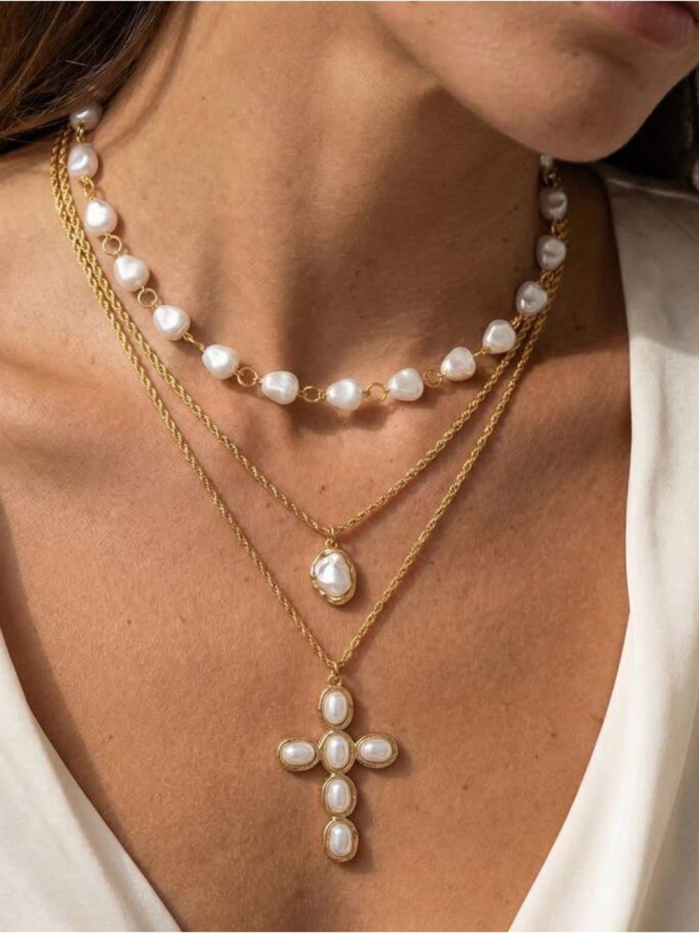 Gold Layered Pearl Cross Necklace - White Pearls